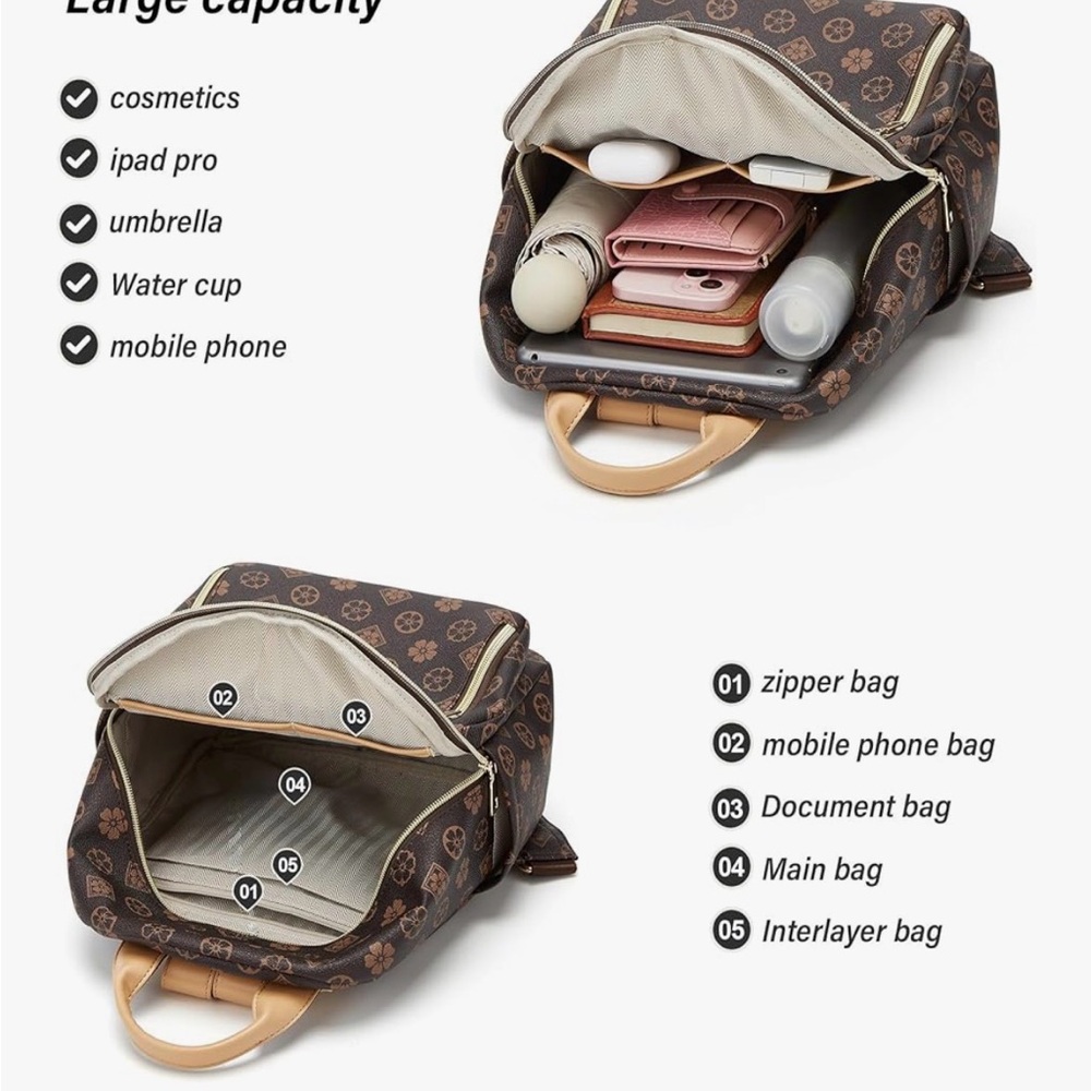 Elegant Brown Patterned Women's Backpack Set NWT - image 2